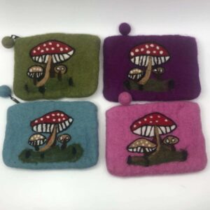 Handmade wool felt mushroom zipper pouch with red spotted mushroom design in assorted colors, handcrafted felt coin purse with nature-inspired appliqué.