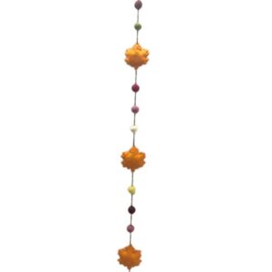 vertical hanging garland with orange flower ornaments and colorful beads decorative wall or door hanging with small bell at bottom
