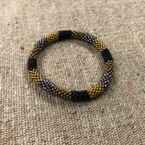 handmade black gold grey beaded bracelet tribal patterned seed bead bangle