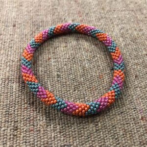 handmade multicolor beaded bracelet teal orange pink patterned seed bead bangle