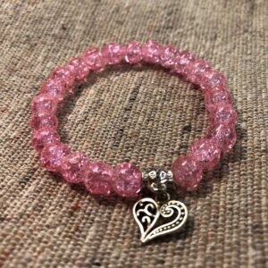pink crystal beaded bracelet with silver heart charm stretch handmade bracelet